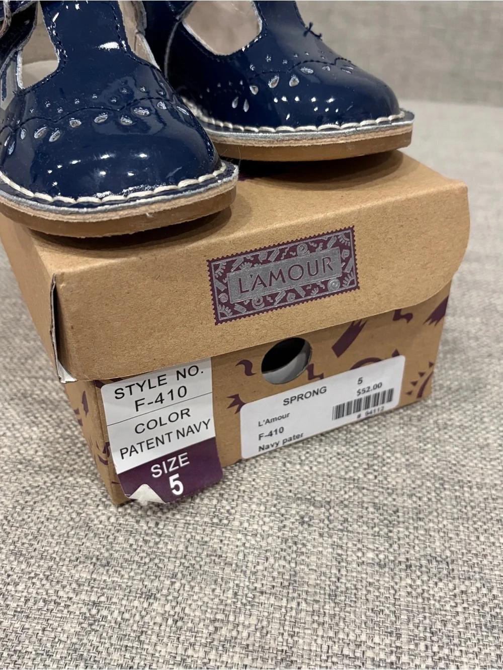 L'Amour Navy Patent T-Strap Mary Jane Shoes for Kids